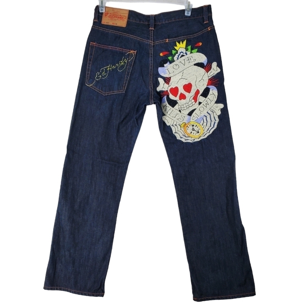 Ed Hardy Blue Jeans Baggy Men 34x32(31) Skull Hearts Tattooed Embroidery Vtg Y2K